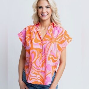 Karlie Women’s 70's Floral Button Cap Sleeve Blouse Large Pink Purple Orange